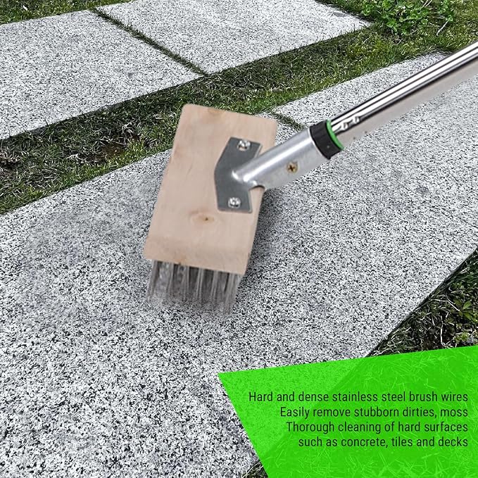 Stainless Steel Deck Scrub Brush with Long Handle - Heavy Duty Floor Scrubber Brush with Pole, Moss Remover Wire Cleaning Brushes for Concrete Floor, Patio, Garden, Garage