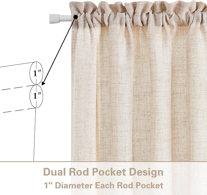 Linen Beige Semi Sheer Curtain 2 Panels Dual Rod Pocket with Tieback | for Kitchen Bathroom, French Glass Door Curtains, 40 Inches Long, Privacy Light Filtering Drapes, W25xL40, Boho Farmhouse
