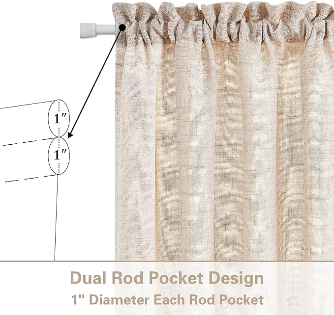 Linen French Door Curtains 2 Panels W25 x L72 with Dual Rod Pocket | Semi Sheer Light Filtering, Privacy Protection Curtain, for Farmhouse, Sliding Door, Light Coffee Drapes, with Tieback