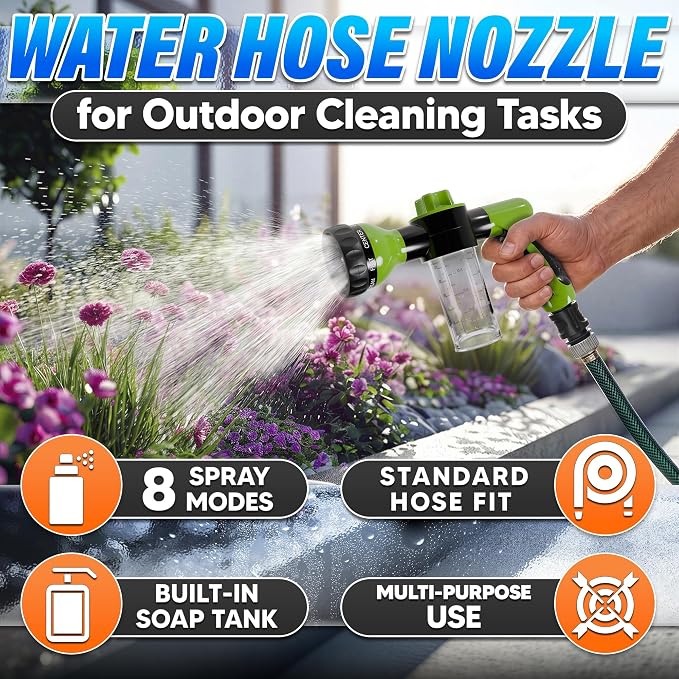 Hose Nozzle with Soap Dispenser and Trigger Flow - Car Wash Sprayer and Soap Sprayer Hose Attachment, Foam Control Dial, 8 Spray Patterns, 3.5 oz Refillable Tank - Fits 3/4 Inch Hose, Ergonomic Grip