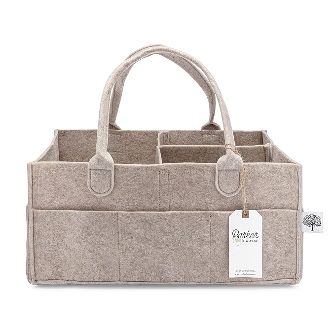 Parker Baby Co. Felt Diaper Caddy Organizer - Large, Oatmeal | Portable nursery storage bin for diapers, wipes, bottles & baby essentials in home/car. Soft felt, foldable design 16x10x7"
