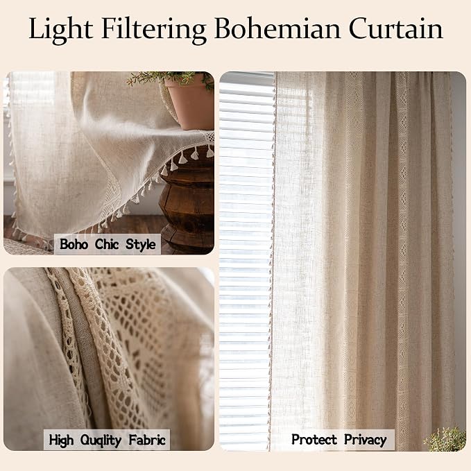 Sutuo Home Boho Linen Curtains for Kitchen Bedroom, Bohemian Semi Sheer Crochet Hollow Lace Patchwork with Textured Fabric Vintage Chic Handmade Tassels Rod Pocket Window Drapes, 59"W x 63"L, 1 Panel