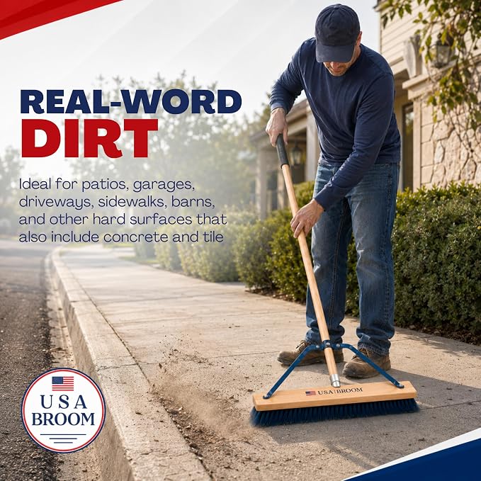 24" Blue Everyday Sweep Indoor/Outdoor Push Broom with 60" Handle. Ideal for Garages & Shops. Durable American Made Steel Brackets-All Stainless Steel Hardware. No Plastic. 100% USA Made