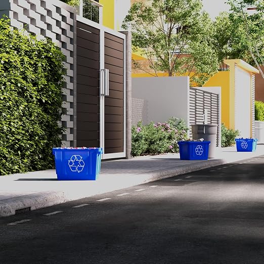 14 Gallon Rectangular Blue Recycling Bin | Inside Outside Curbside | Stackable Box for Paper Plastic