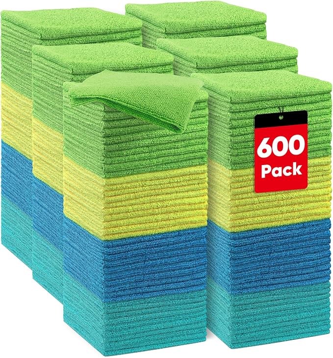 HOMEXCEL Microfiber Cleaning Cloth 600 PK, Towels for Cars, Shop Rags | Lint Free Cleaning Rags for House, Garage, Kitchen, Car Detailing, Shop Towels Bulk Scratch-Free, Absorbent, 11.5"X 11.5"