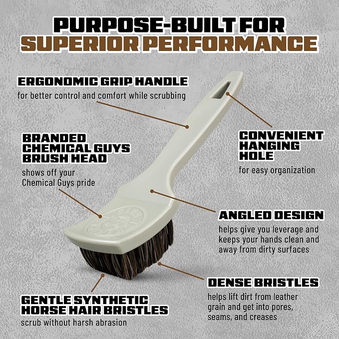 Chemical Guys, Nifty Leather Detailing Brush, Synthetic Horse Hair | Safe on genuine, synthetic, vegan, colored leather, angled head keeps hands clean, pairs with Chemical Guys Leather Cleaner