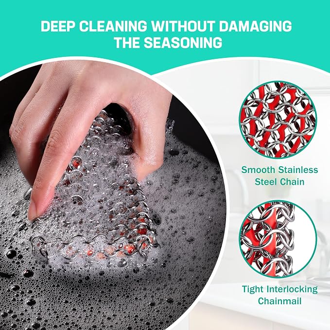 HAUSHOF Cast Iron Scrubber, Chainmail Scrubber Cast Iron Cleaner | Multi-Purpose Cleaning;Easy to Clean;Soft Silicone Liner;Protects Cast Iron Seasoning