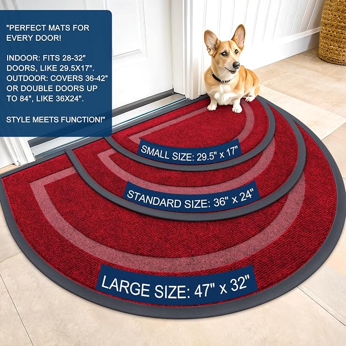 OLANLY Half Circle Front Door Mat Outside 47x23 All-Season Rubber Doormat | Wine Red, Absorbent, Heavy-Duty, Stain Fade Resistant, Waterproof Non-Slip Backing, Low-Profile Indoor Outdoor Entryway Mat