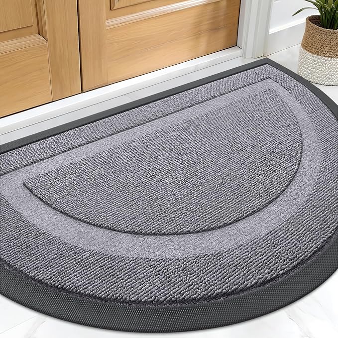 OLANLY Half Circle Front Door Mat Outside 29.5x17 All-Season Rubber Doormat | Classic Gray, Absorbent, Heavy-Duty, Stain and Fade Resistant, Non-Slip Backing, Low-Profile Indoor Outdoor Entryway Mat