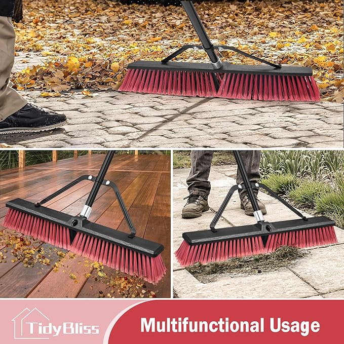 TidyBliss 24” Push Broom Outdoor Heavy Duty, Large Commercial Stiff Bristle Brush with 63 inches Long Handle for Garage Shop Garden Yard Patio Deck Street Warehouse Lawn Driveway (Red)