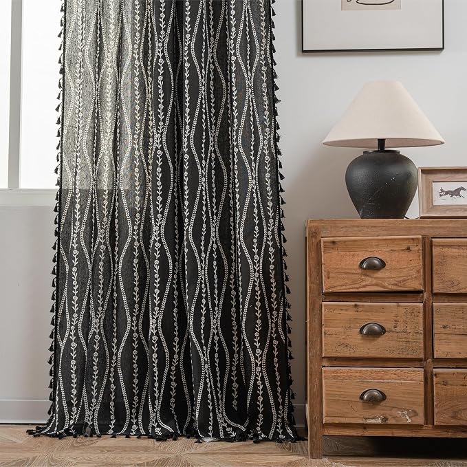 Sutuo Home Boho Curtains 63 Inches Length for Kitchen Doorway Cafe Dining Room, Stripe Floral Vintage Tassels Window Treatment Drape for Halloween Decorations Rod Pocket, 1 Panel 59" W x 63" L,Black