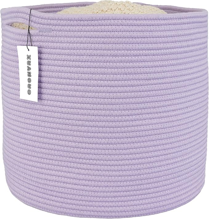 XUANGUO Cotton Rope Basket For Girls Boys Kids 16”X14” purple | Baby Laundry Baskets, Blanket Basket, Nursery Bin; Round Woven Basket Organizer for Toy Storage, Blankets, Shoes and Clothes