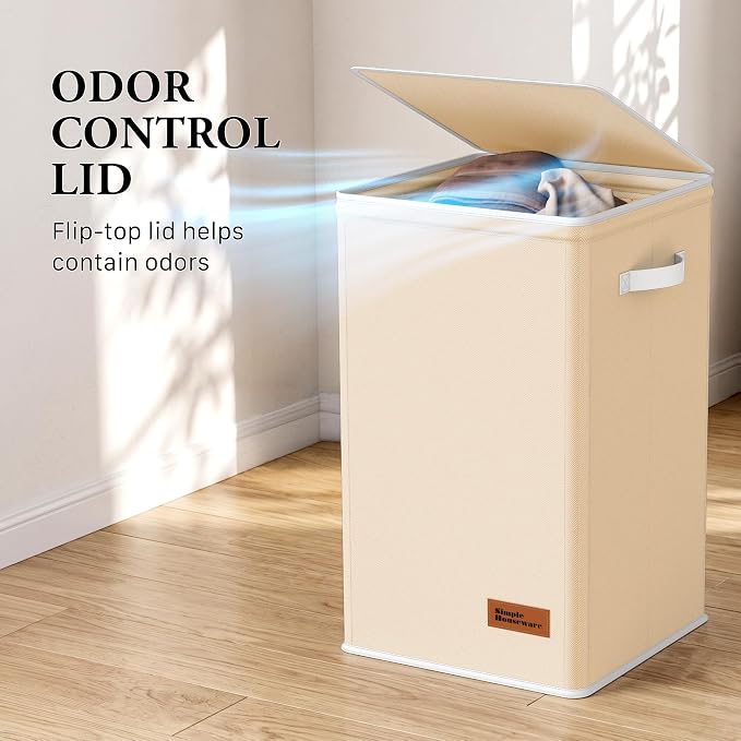 Simple Houseware Foldable Laundry Hamper Basket with Lid and Bag, Beige | Heavy Duty 600D Polyester, Water-Resistant Surface