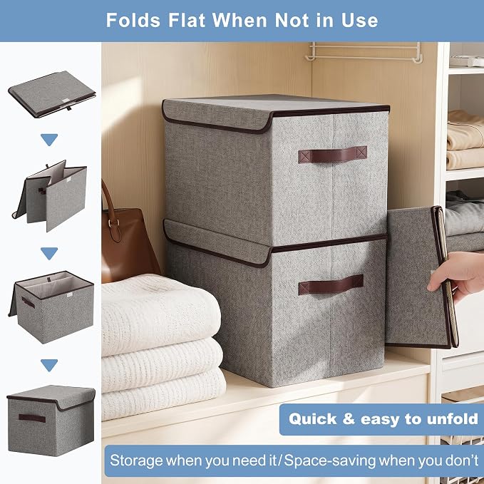 Bagnizer Large 42 Quarts Fabric Storage Bins with Lids [2-Pack] Linen Collapsible Foldable Storage Cubes, Closet Organizer Containers boxes with Handles for Home Office (16.7 x 12 x 12, Gray)