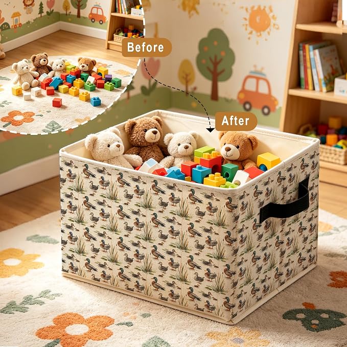Rustic Mallard Duck Storage Bins Box, Farmhouse Countryside Waterfowl Mallard Duck Foldable Storage Basket with Handles for Bedroom Bathroom Home Toys Clothes Books Organizer