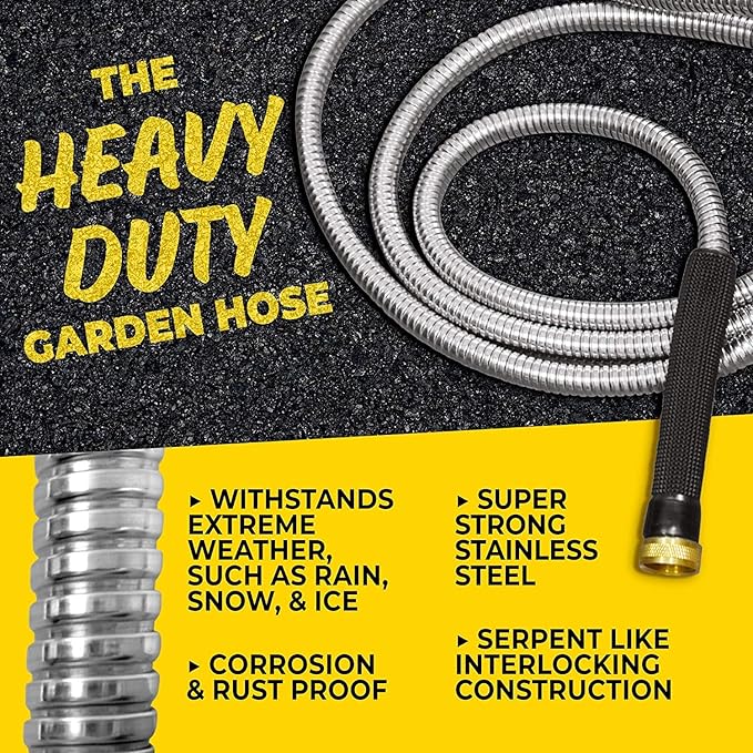 BIONIC STEEL PRO 75 Ft Metal Garden Hose with Brass Nozzle | Water Hose Made from Heavy Duty 304 Stainless Steel, Flexible, Lightweight, Brass Fittings, Non Kinking, 500 PSI