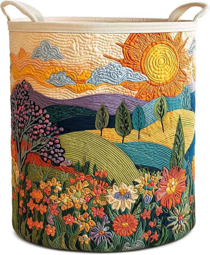 Quilted Laundry Basket with Handles, Boho Floral Quilted Storage Hamper, Large Capacity Laundry Hamper for Nursery Bedroom Laundry Room Home Decor (Pattern 08, Medium (22"H x 16"W x 16"L))