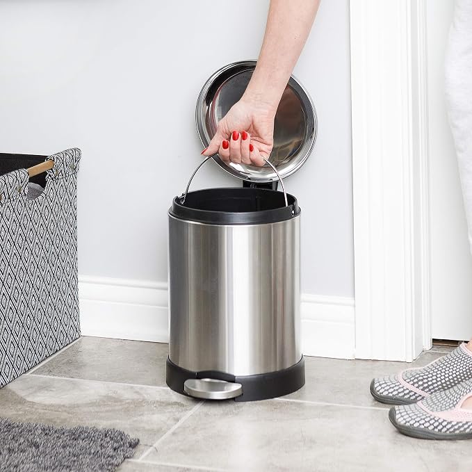 Glad Small Trash Can, 1.2 Gallon | Round Stainless Steel Garbage Bin with Soft Close Lid & Step Foot Pedal | Metal Waste Basket with Removable Inner Bucket, Stainless, 8 x 9.5 x 12 inches