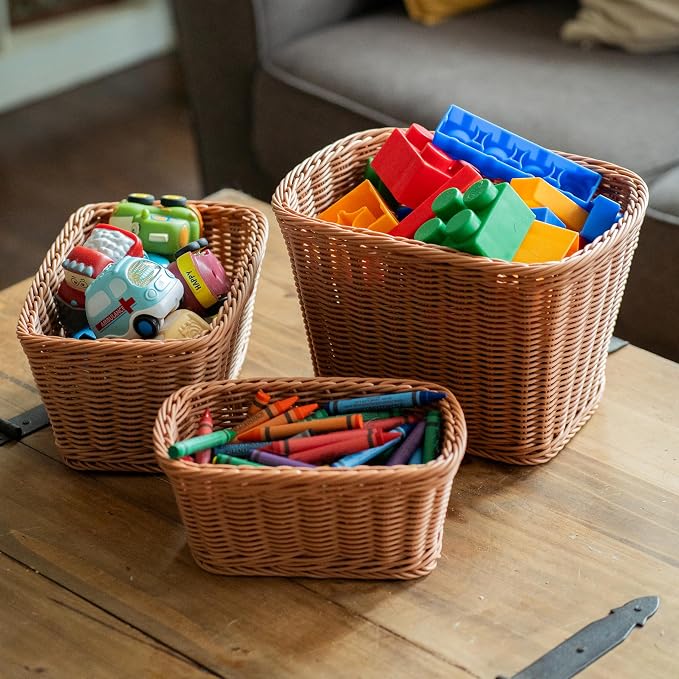 Constructive Playthings Plastic Wicker Woven Storage Baskets, Set of 3 | Nested baskets, Set of 3 for storage, gift baskets or organizing, woven for sturdyiness, washable plastic