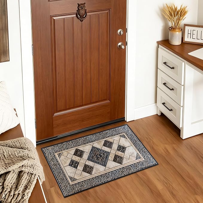 Vintage Geometric Mosaic Rug 15.7x23.6 Inch, Faux Cashmere Non Slip Small Area Rug, Decorative Indoor Floor Mat for Entryway Bedroom Kitchen (Geometric Grid, 15.7x23.6inch)
