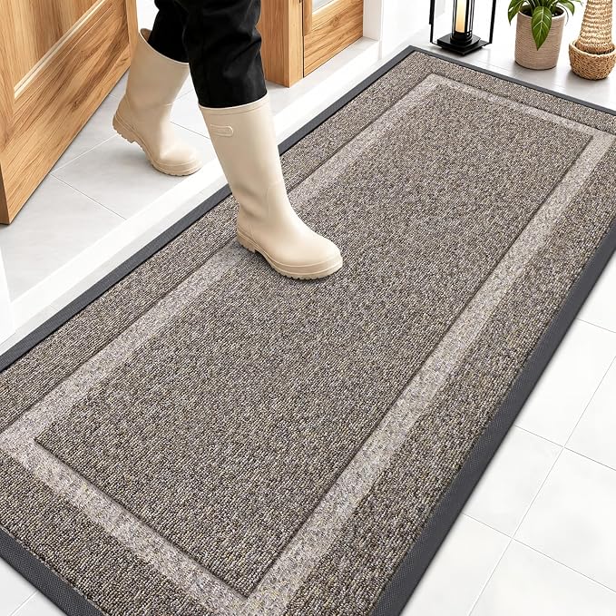 OLANLY Front Door Mat Outside 59x23, All-Season Heavy-Duty Rubber Doormat | Khaki and White, Absorbent, Stain and Fade Resistant, Non-Slip Backing, Low-Profile Indoor Outdoor Floor Mat for Entryway