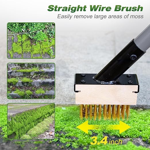 Walensee 66.5in Adjustable 3-in-1 Crack Weeder & Moss Remover Brush Tool | Adjustable Long Handle, 2 Replaceable Brush Heads & Scraper, Cleans Deck Patio Walkway Crevices, Efficient Moss & Weed Puller