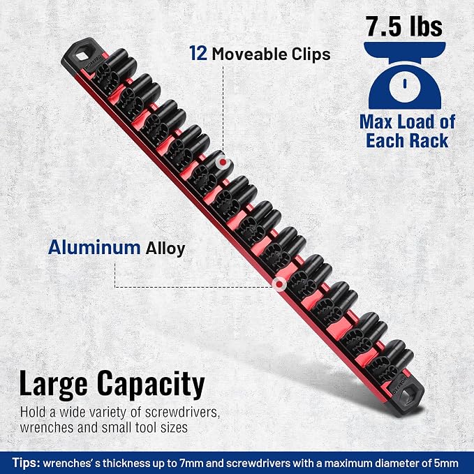 WORKPRO Magnetic Screwdriver and Wrench Organizer Set, 12-Slot Tool Holder | Aluminum Rail, Magnetic Force, Flexible High-Tension Tool Clips, For Tool Box Drawer & Wall-Mount Storage