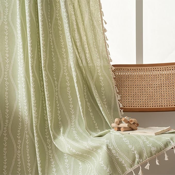 Sutuo Home Boho Curtains 96 Inches Long for Bedroom Living Room Nursery Patio, Bohemian Tassels Country Window Treatment Drape for Christmas Decorations, 1 Panel 59" W x 96" L,Green Stripe Floral