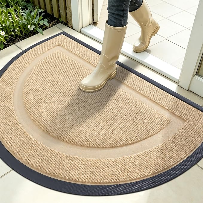 OLANLY Half Circle Front Door Mat Outside 35x23 All-Season Rubber Doormat | Beige, Absorbent, Heavy-Duty, Stain and Fade Resistant, Waterproof Non-Slip Backing, Low-Profile Indoor Outdoor Entryway Mat