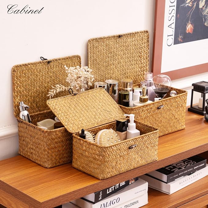 Nonam Wicker Storage Basket with Lid,Seagrass Shelf Basket Set of 3,Nautral | Wicker Basket Container for Organizing, Boho Decorative Basket, Rectangular Household Storage Boxes for Home Organization