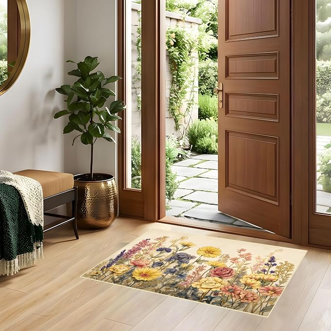 Vintage Floral Faux Cashmere Area Rug 15.7 x 23.6 Inch, Non-Slip Mat (Light Yellow)