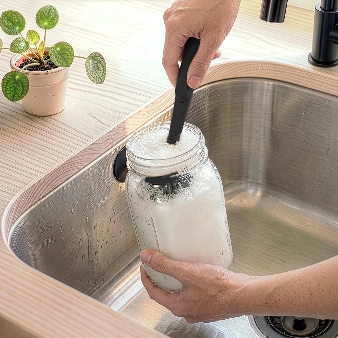 Earth & Mango Magnetic Dish Brush & Scraper, Snaps to Sink, Onyx Black