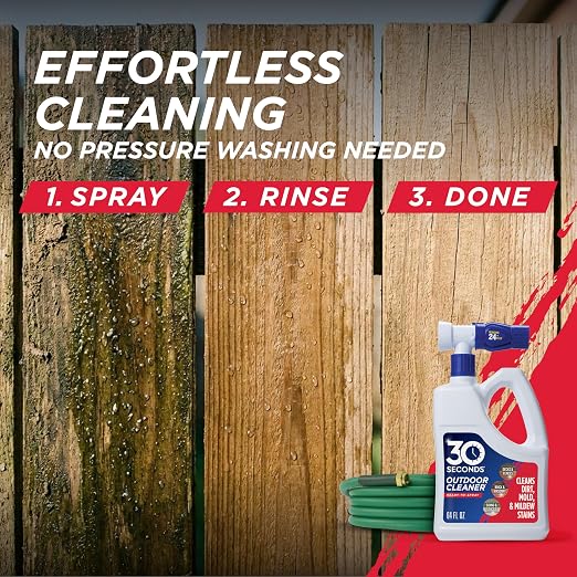 30 Seconds Outdoor Cleaner | Cleans Moss Stains from House, Vinyl Siding, Deck, Patio, Fence - 3 Capped Bottles, 1 Hose End Spray Attachment (64 Fl Oz (Pack of 6)