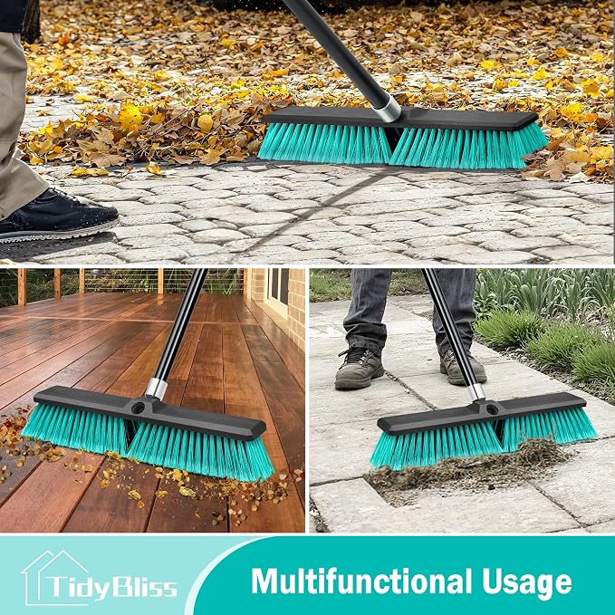 TidyBliss 3 Pack 18” Push Broom Outdoor Heavy Duty, Large Commercial Stiff Bristle Brush with 63 inches Long Handle for Garage Shop Garden Yard Patio Deck Street Warehouse Lawn Driveway (Green)