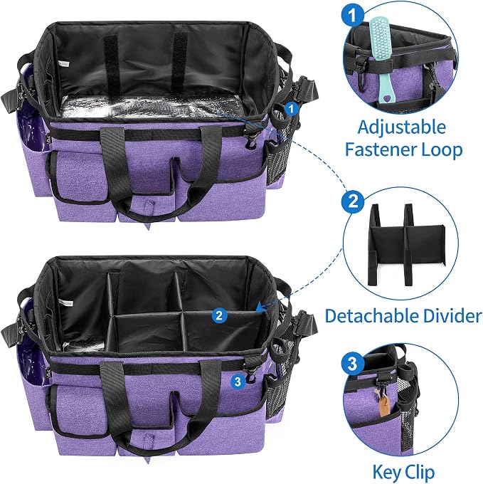LoDrid Large Wearable Cleaning Caddy Bag with Detachable Divider, Purple | Cleaning Supply Tote Organizer with Handles and Adjustable Shoulder Strap for Cleaners & Housekeepers
