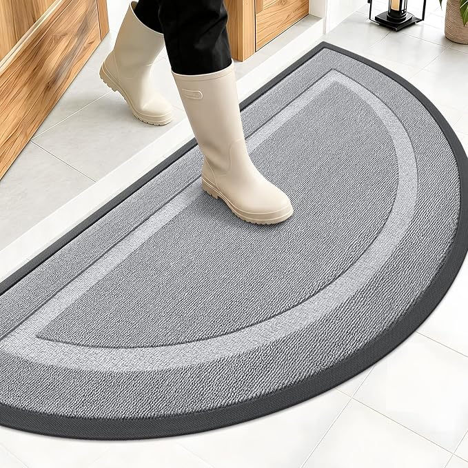 OLANLY Half Circle Front Door Mat Outside 47x23 All-Season Rubber Doormat | Ash Gray, Absorbent, Heavy-Duty, Stain Fade Resistant, Waterproof Non-Slip Backing, Low-Profile Indoor Outdoor Entryway Mat