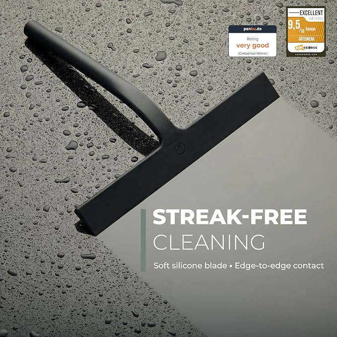 Silicone Shower Squeegee with 3-in-1 No-Drill Mount, Black, 11'' | Squeegee for Glass Doors & Mirrors with Stainless Steel Core, Streak-Free & No-Squeak Window Cleaning, Hook/Suction/Adhesive