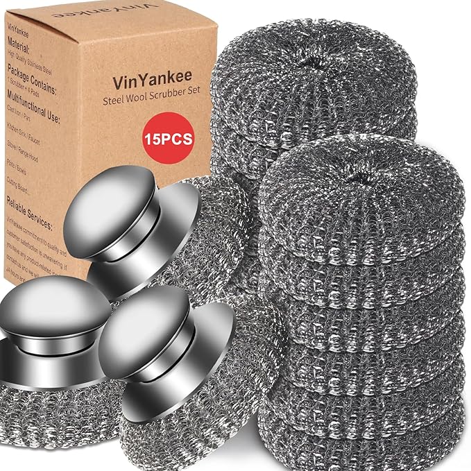 15pcs Steel Wool Scrubber with Replacement Wire Sponge Pads, Steel Scrubber | Stainless Steel Scrubber with Handle for Scouring Stubborn Messes from Cast Iron, Pots, Grill, Stoves, (3 Scrub+12 Pads)