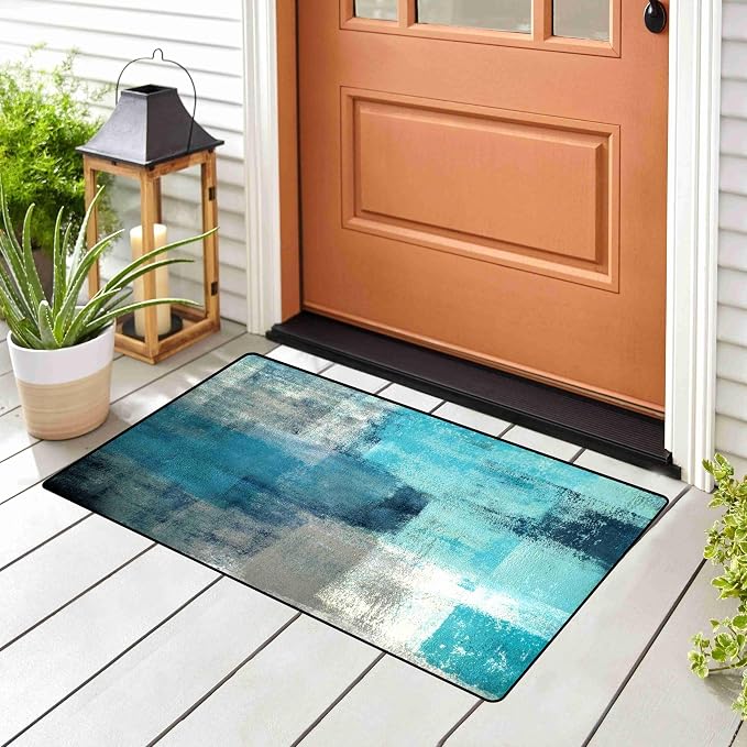 TOMWISH Kitchen Mats Turquoise and Grey Abstract Art Kitchen Rug | 20"X48"+20"X30" Washable Non-Slip Kitchen Rug Set for Kitchen Dining Room,Floor Home,Office,Sink,Laundry