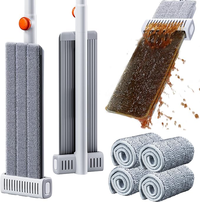 Self Wringing Mop, Hands Free Microfiber Flat Mop Wet Dry Floor | Microfiber pads, aluminum panel, wet dry cleaning system for floors walls windows, apartment use, 4 Reusable Pads