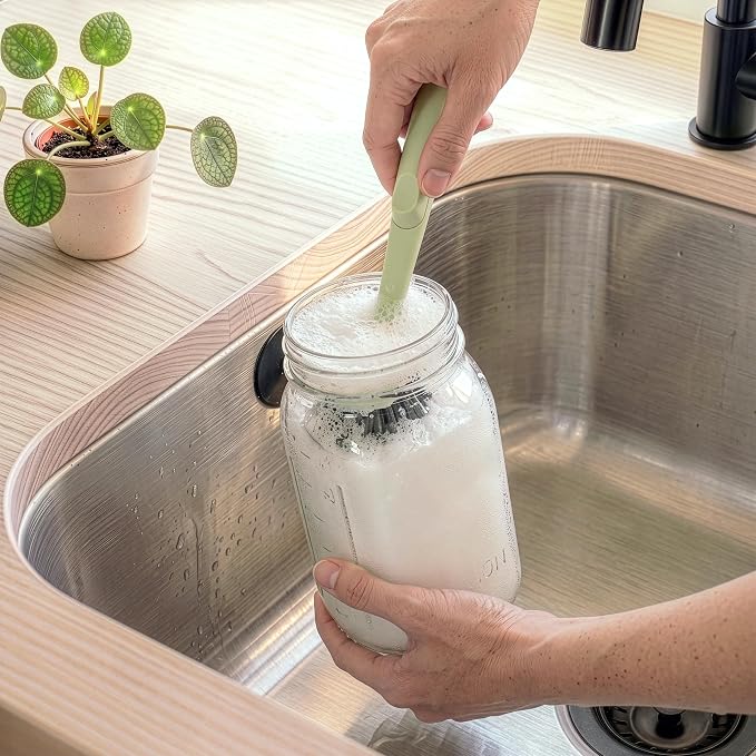 Earth & Mango Magnetic Dish Brush & Scraper, Snaps to Sink, Moss Green