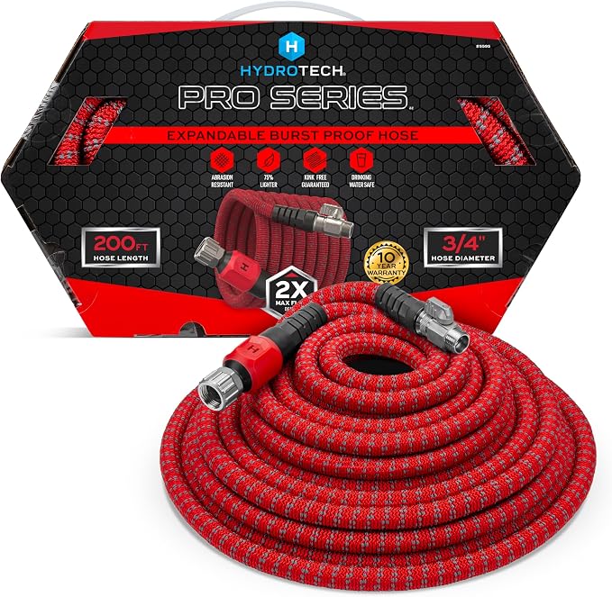 HydroTech Pro Series 200 ft Max Flow Garden Hose, 3/4 in Diameter | Patented Force Control Technology delivers 2x max water flow with lightweight, kink-free performance and compact storage.