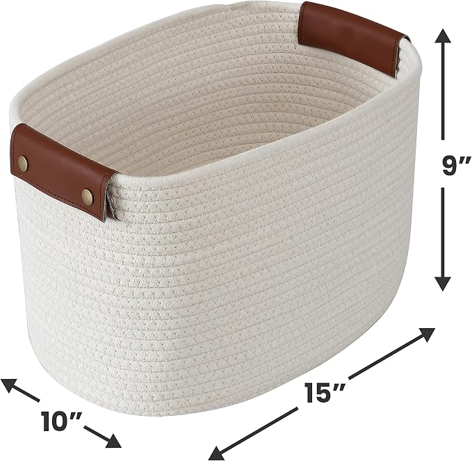 3 Pack Woven Cotton Rope Storage Basket, 15x10x9, Cream | Faux Leather Handles; Decorative Closet Shelf Organizer; Ideal for Storage & Organization