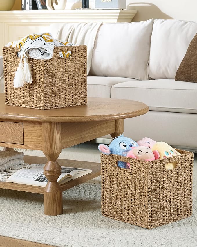 Paper Woven Foldable Storage Baskets 4 Pack, 11.4 Inch Cube Storage Bins, Handmade Paper Material Collapsible Organizer for Shelves & Home Organization, Ideal for Clothes Books Toys Snacks (Natural)