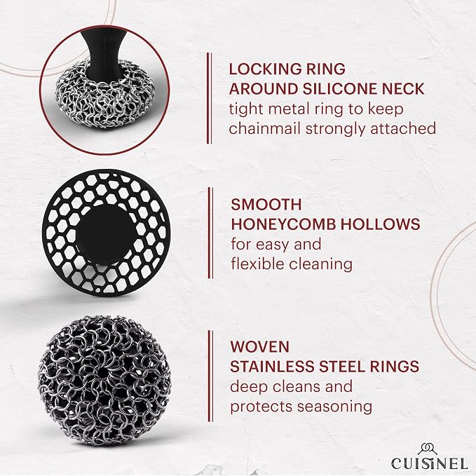 Cuisinel Cast Iron Chainmail Scrubber + Pan Scraper - Ergonomic Design Stainless/Silicone Cleaner for Pots & Skillets - Easy to Clean, Dishwasher Safe, Cookware Sponge Accessory