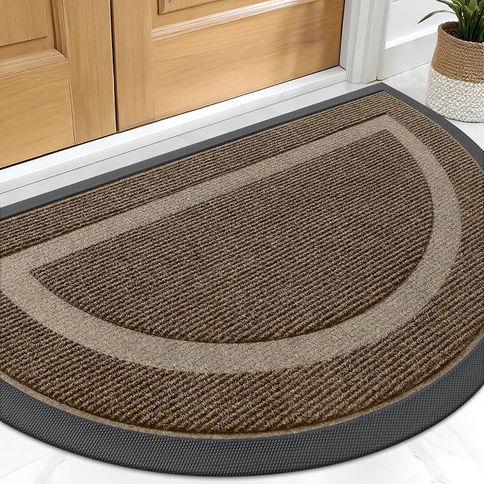 OLANLY Half Circle Front Door Mat Outside 29.5x17 All-Season Rubber Doormat | Brown, Absorbent, Heavy-Duty, Stain and Fade Resistant, Waterproof Non-Slip Backing, Low-Profile Indoor Outdoor Entryway Mat
