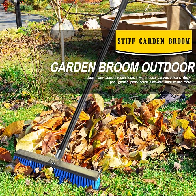 18 Inches Outdoor Push Broom Heavy Duty Shop Broom with 63" Long Handle for Deck Driveway Garage Yard Patio Concrete Floor Cleaning(Blue)