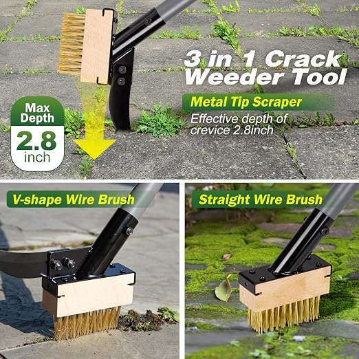 Walensee 66.5in Adjustable 3-in-1 Crack Weeder & Moss Remover Brush Tool | Adjustable Long Handle, 2 Replaceable Brush Heads & Scraper, Cleans Deck Patio Walkway Crevices, Efficient Moss & Weed Puller