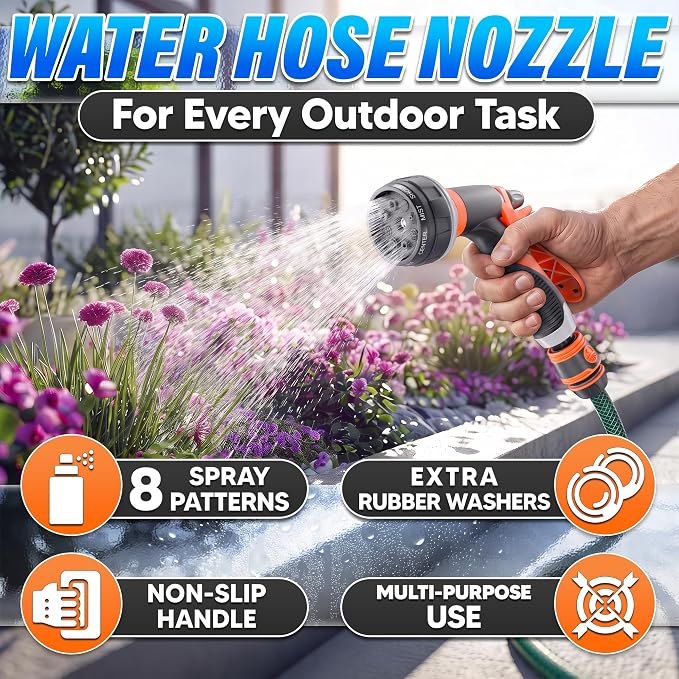 8 Pattern Garden Hose Nozzle Heavy Duty High Pressure Sprayer | Rubber-Grip ABS Water Hose Nozzle for Car Washing, Plant Watering, Deck Rinsing and Dog Bathing, Leak Proof Adjustable Flow