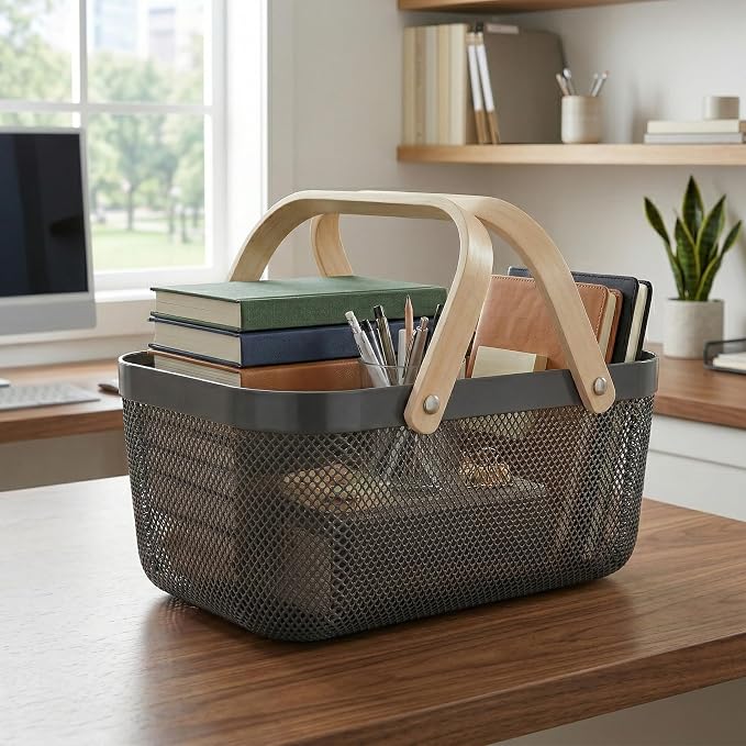 Simplify Large Mesh Plastic Storage Basket with Wooden Handle CHARCOAL Color | Garden Harvest Organizer | Kitchen Pantry Storage Bin